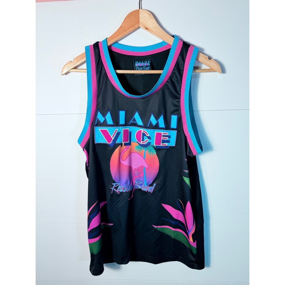 Reason Brand Miami Vice Basketball Jersey Mens Small Black Pink Teal Retro Mesh